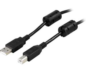 USB-kabel, typ A-B, svart, 2 meter, med ferritk&auml;rna
